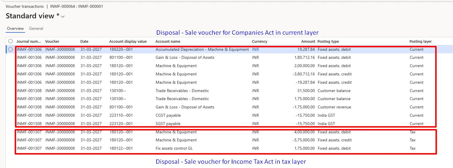 Disposal - sale voucher – current and tax layer