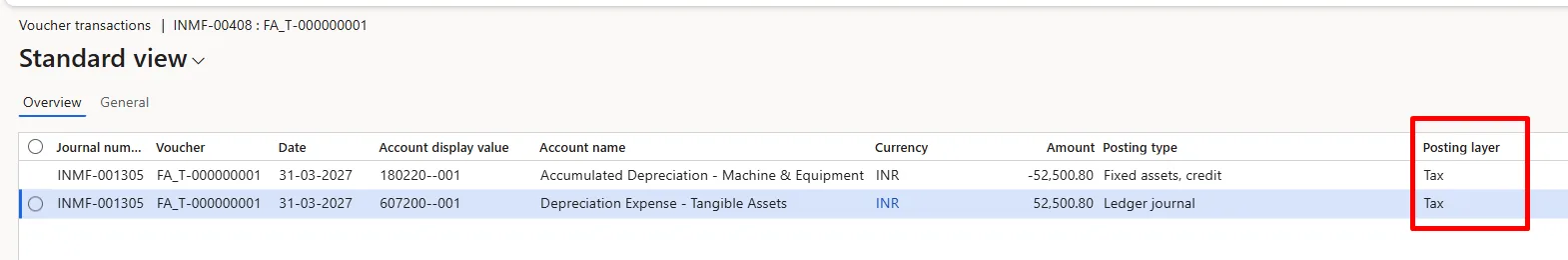 Depreciation voucher – Income Tax Act book (tax layer)