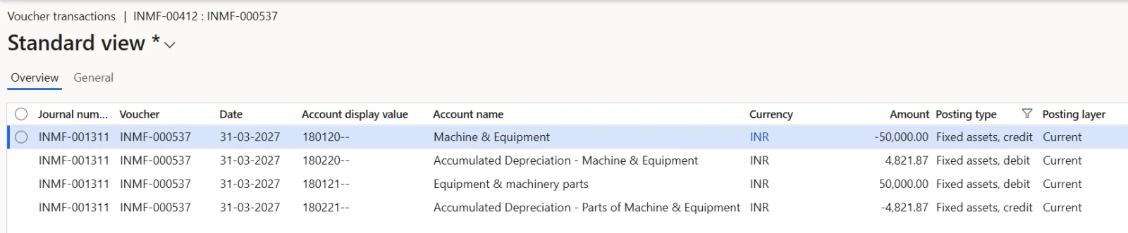 Asset split voucher – reclassification to group M&E_P