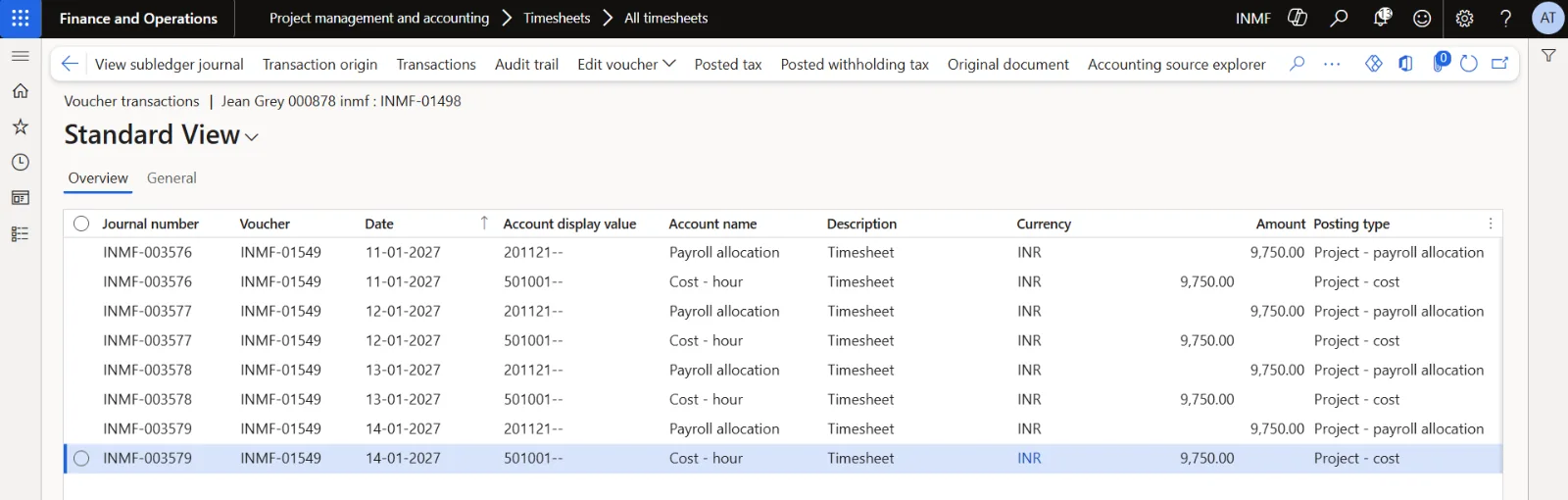 Timesheet voucher INMF-01549: fixed-price project INMF-000026