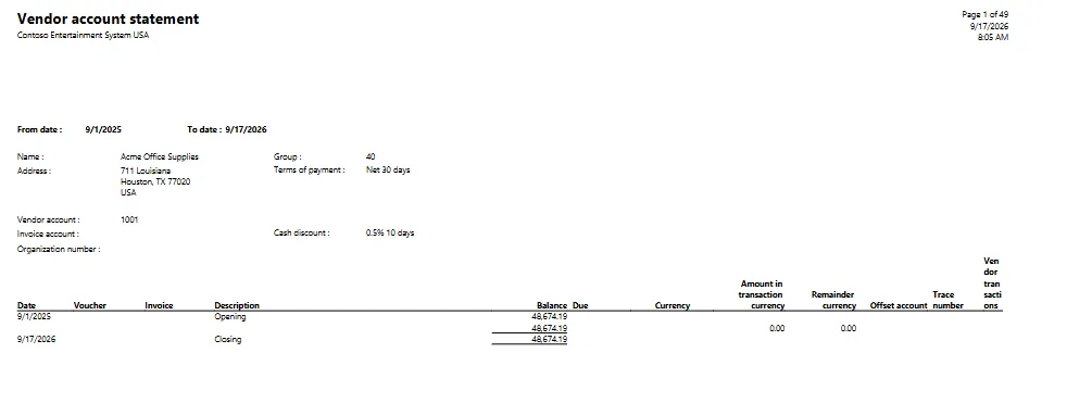 Screenshot — Vendor Account Statement