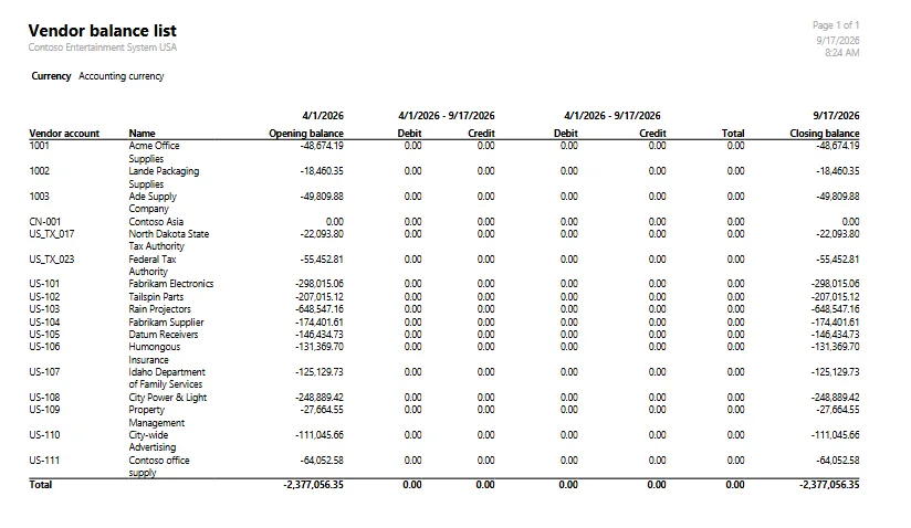 Screenshot — Vendor Balance List