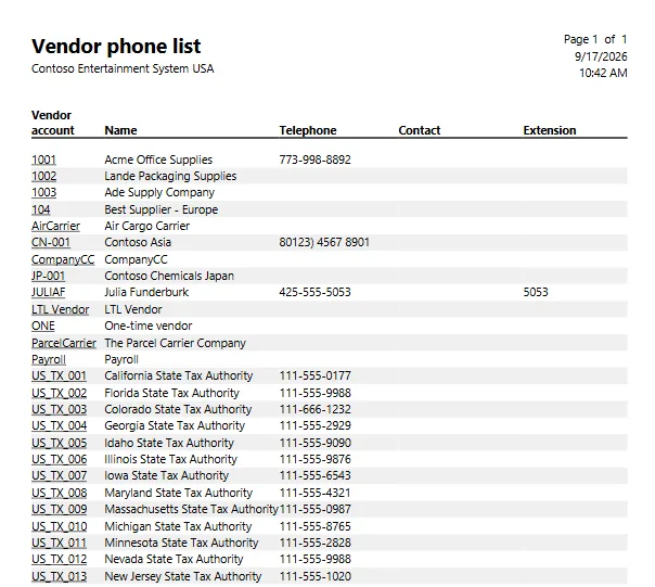 Screenshot — Vendor Phone List