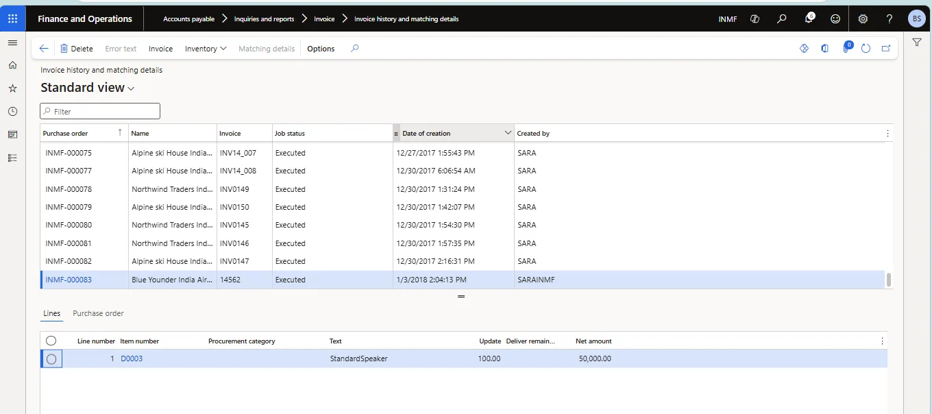 Screenshot — Invoice History and matching Details