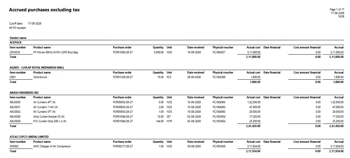 Screenshot — Accrued purchases excluding sales tax report