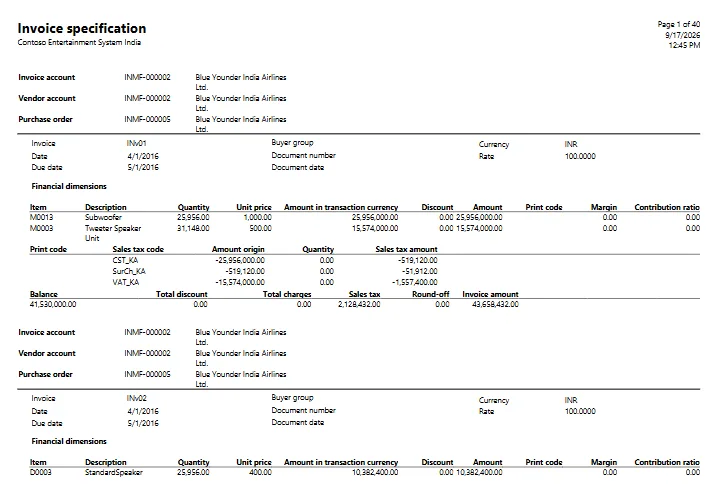 Screenshot — Invoice specification report