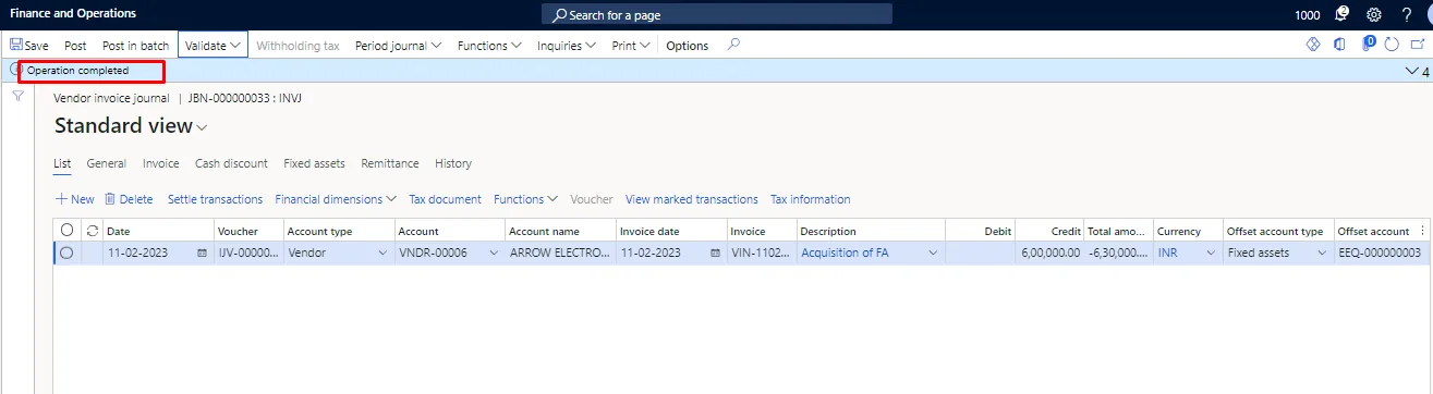 Screenshot — Acquisition of Fixed Assets