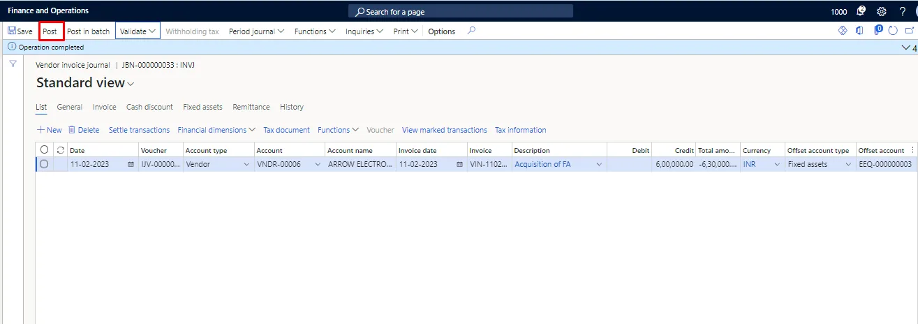 Screenshot — Acquisition of Fixed Assets