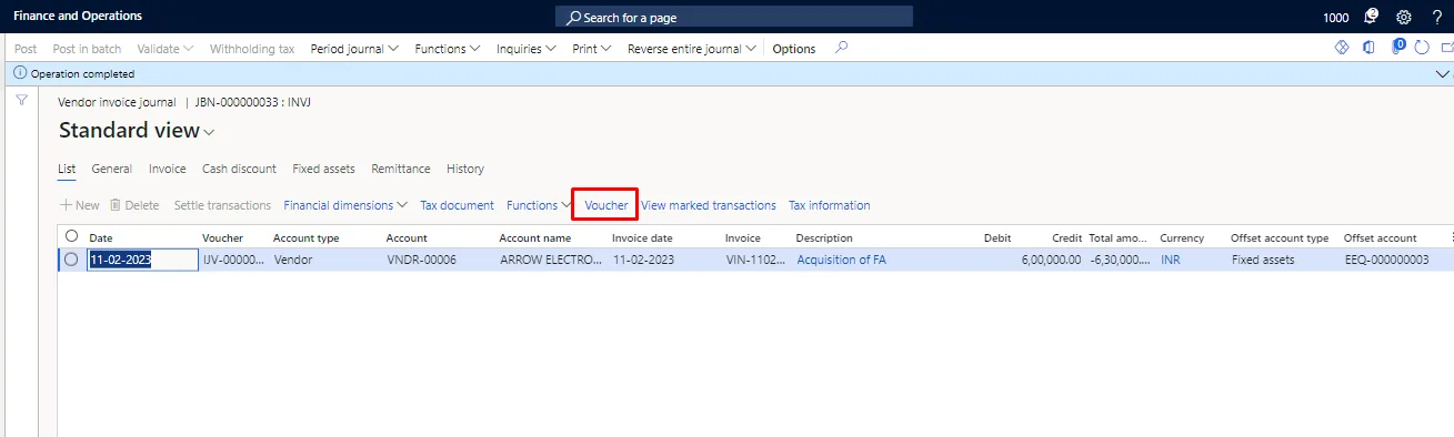 Screenshot — Acquisition of Fixed Assets