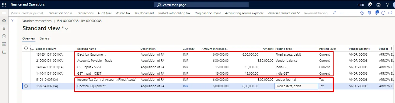 Screenshot — Acquisition of Fixed Assets