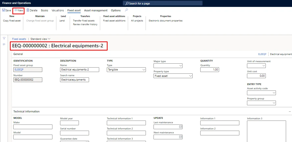 Screenshot — Acquisition of Fixed Assets