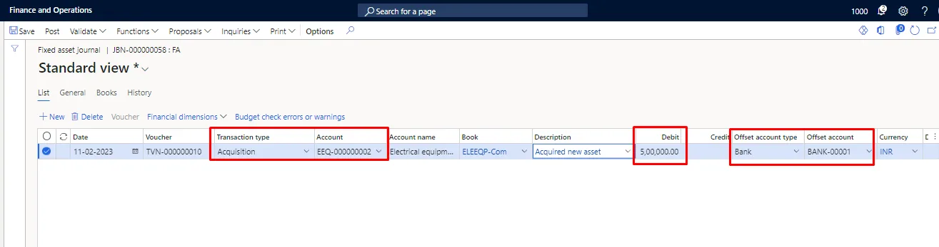 Screenshot — Acquisition of Fixed Assets