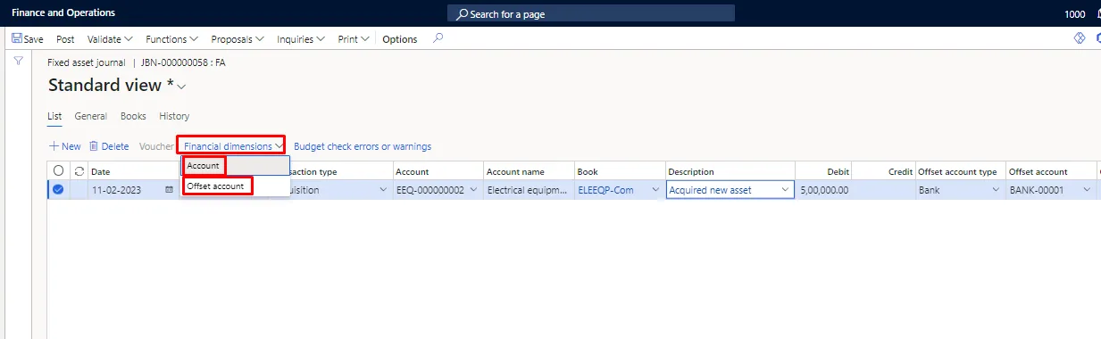 Screenshot — Acquisition of Fixed Assets