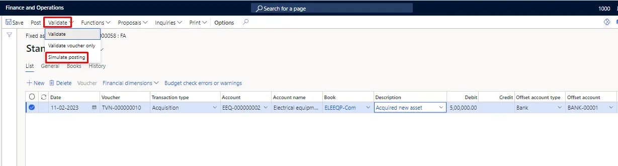 Screenshot — Acquisition of Fixed Assets