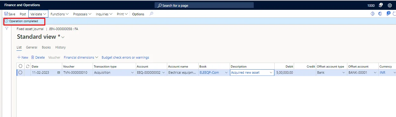 Screenshot — Acquisition of Fixed Assets