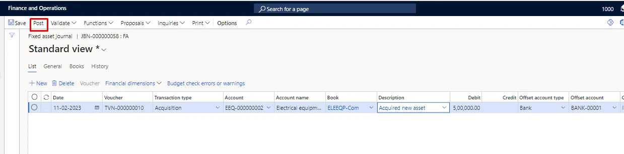 Screenshot — Acquisition of Fixed Assets