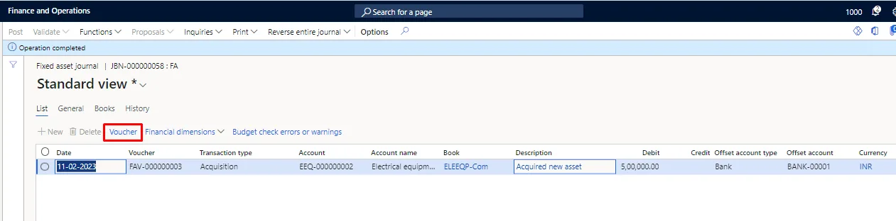 Screenshot — Acquisition of Fixed Assets