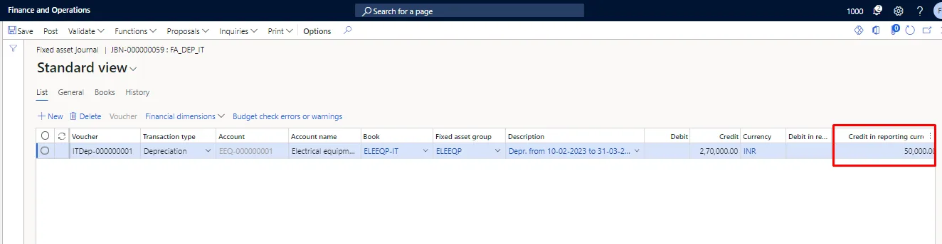 Screenshot — Depreciation on Fixed Assets