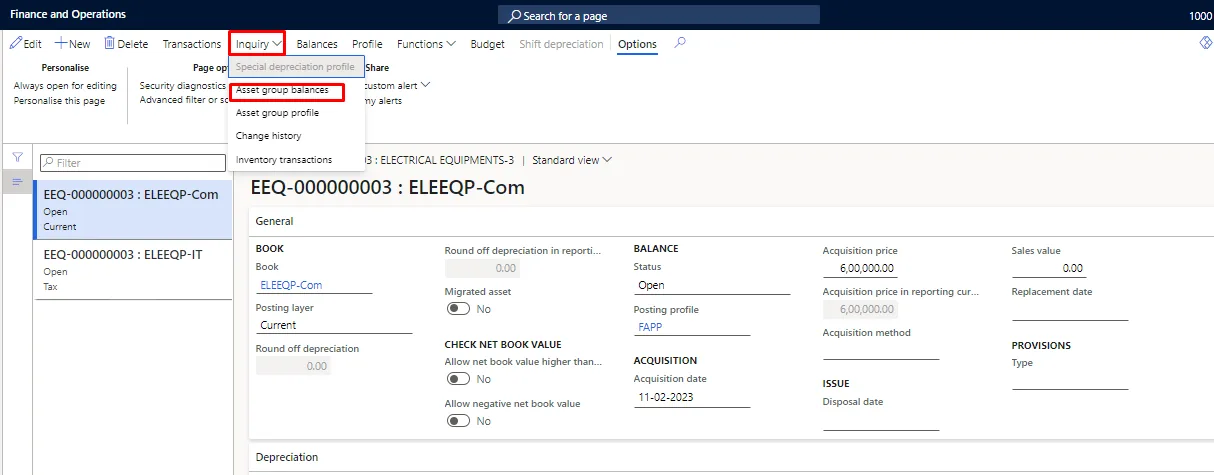 Screenshot — Depreciation on Fixed Assets