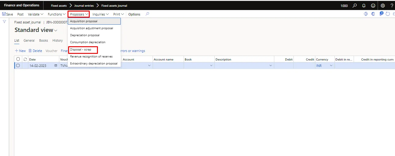 Screenshot — Fixed asset Disposal - scrap