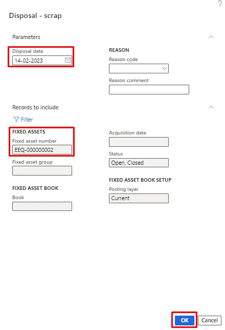 Screenshot — Fixed asset Disposal - scrap