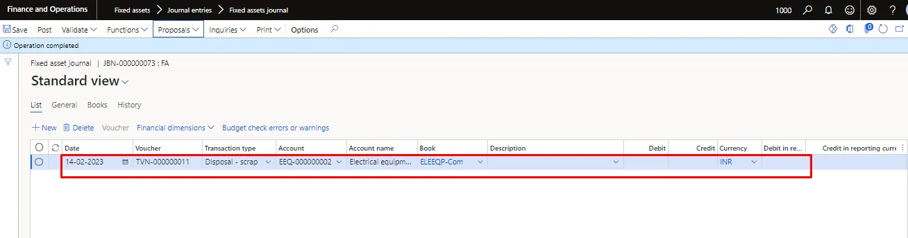 Screenshot — Fixed asset Disposal - scrap
