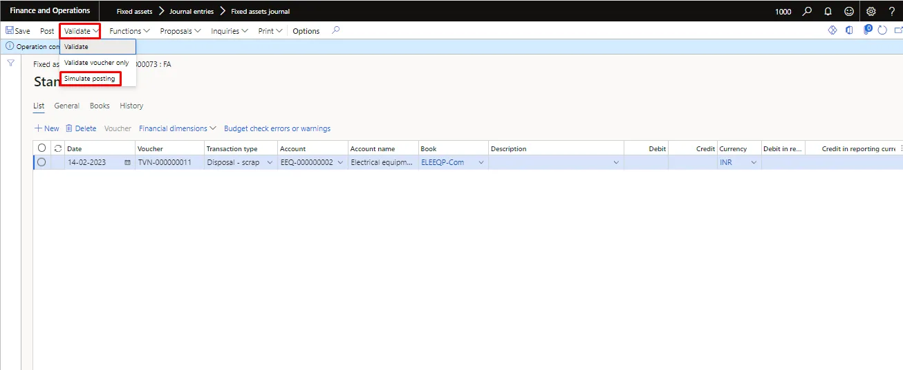 Screenshot — Fixed asset Disposal - scrap