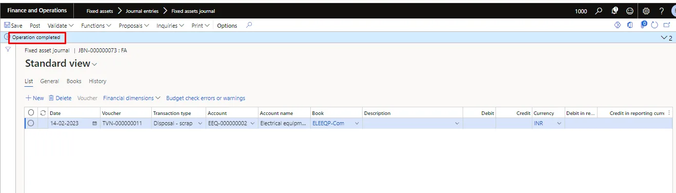 Screenshot — Fixed asset Disposal - scrap