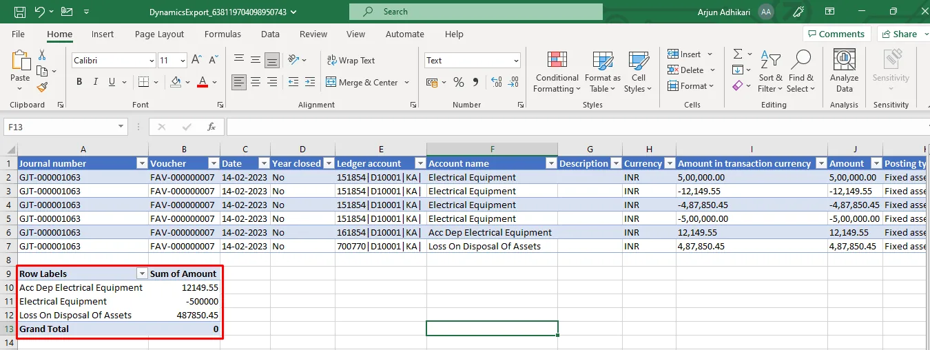 Screenshot — Fixed asset Disposal - scrap