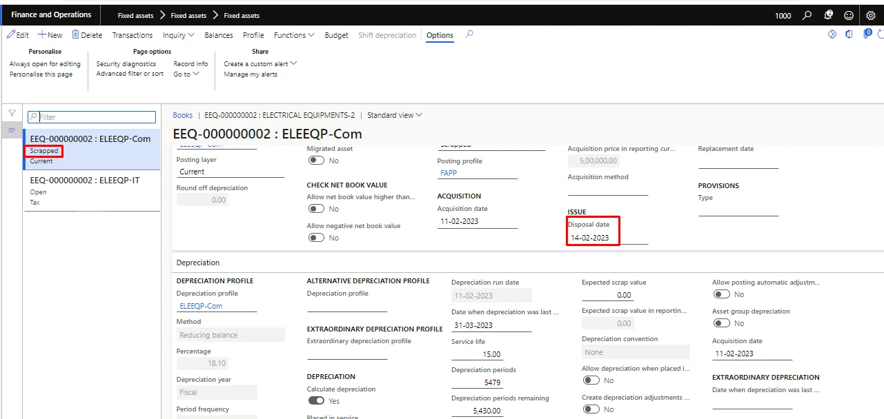 Screenshot — Fixed asset Disposal - scrap