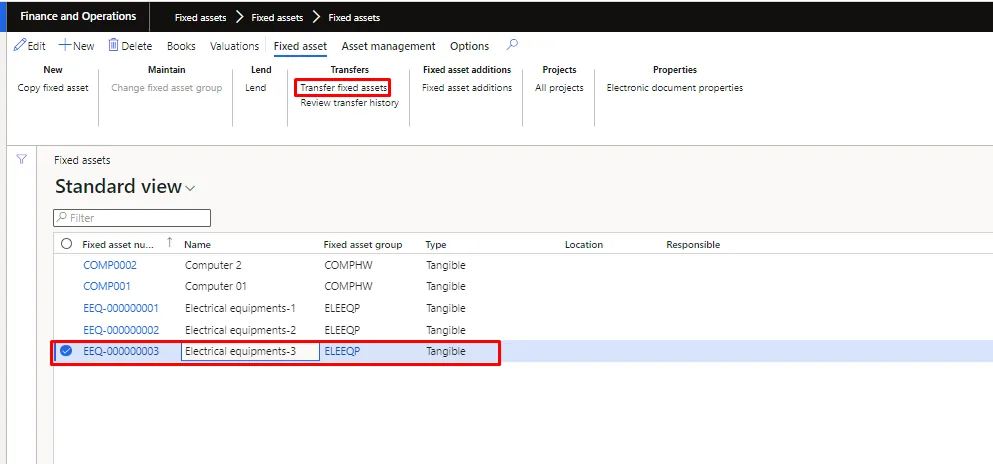 Screenshot — Fixed asset transfer