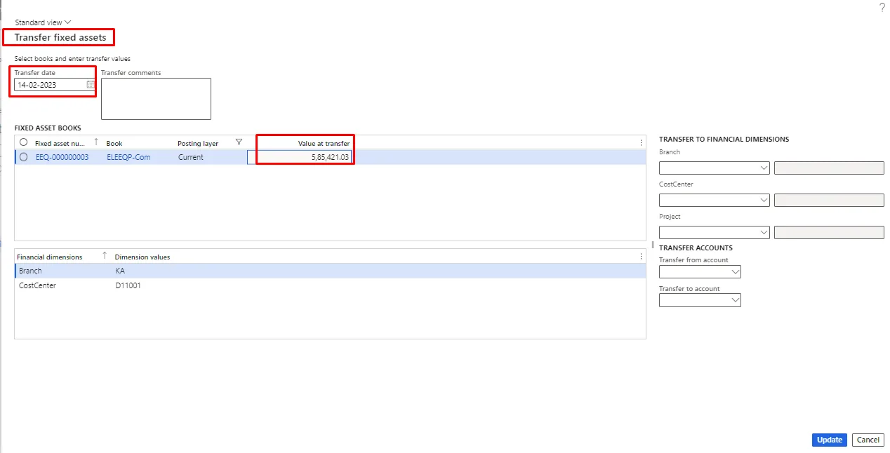 Screenshot — Fixed asset transfer