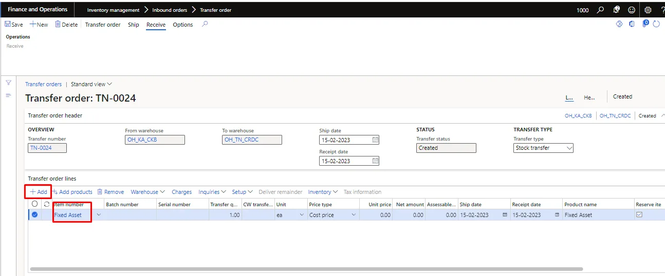 Screenshot — Fixed asset transfer