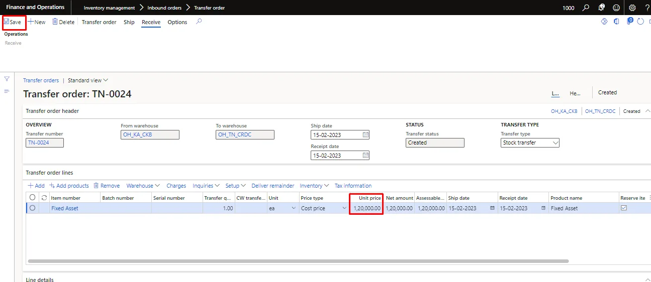 Screenshot — Fixed asset transfer