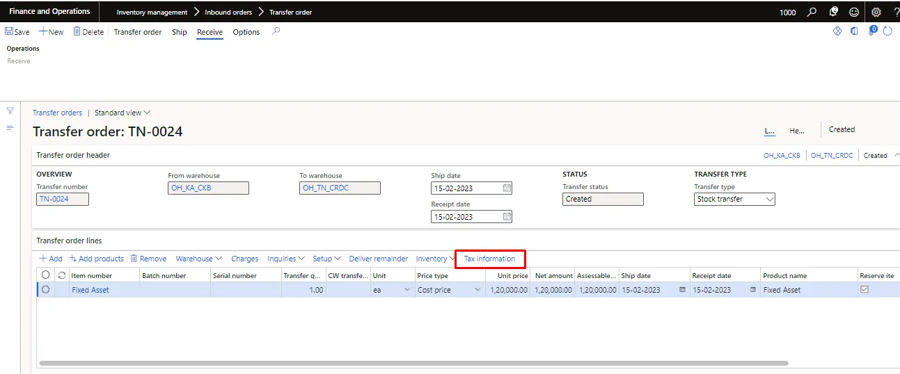 Screenshot — Fixed asset transfer