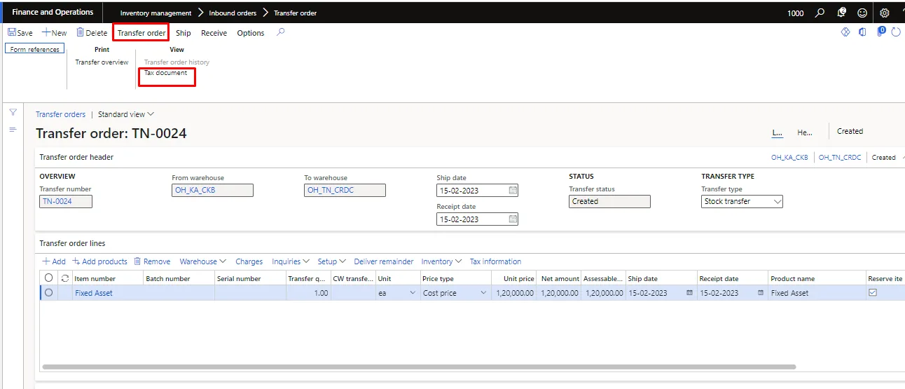 Screenshot — Fixed asset transfer