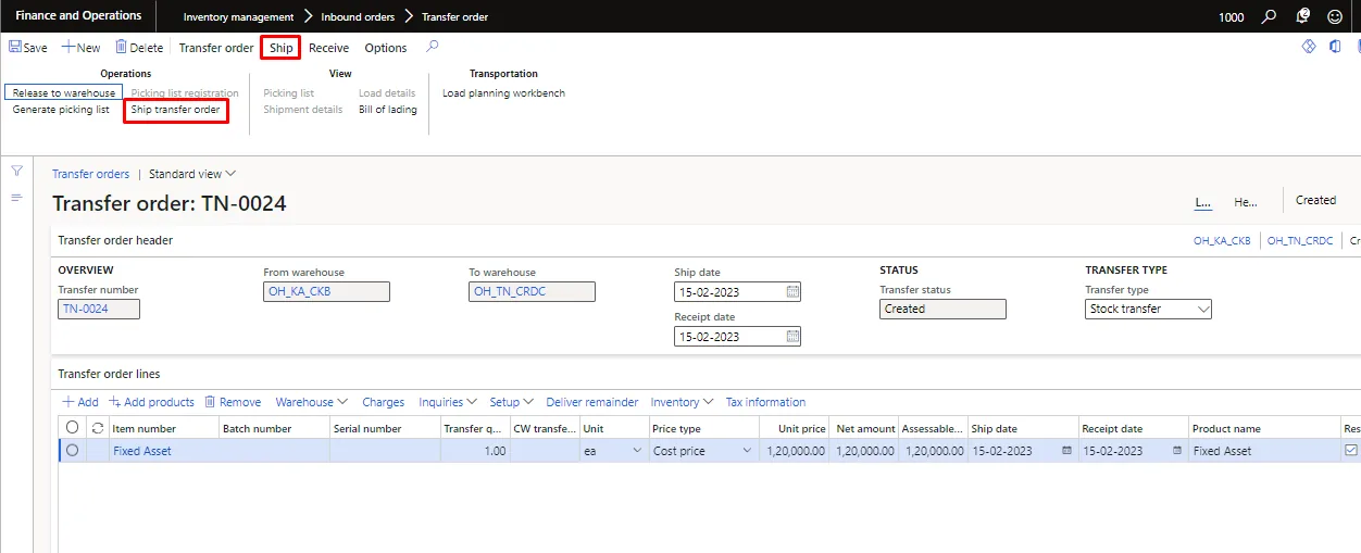 Screenshot — Fixed asset transfer