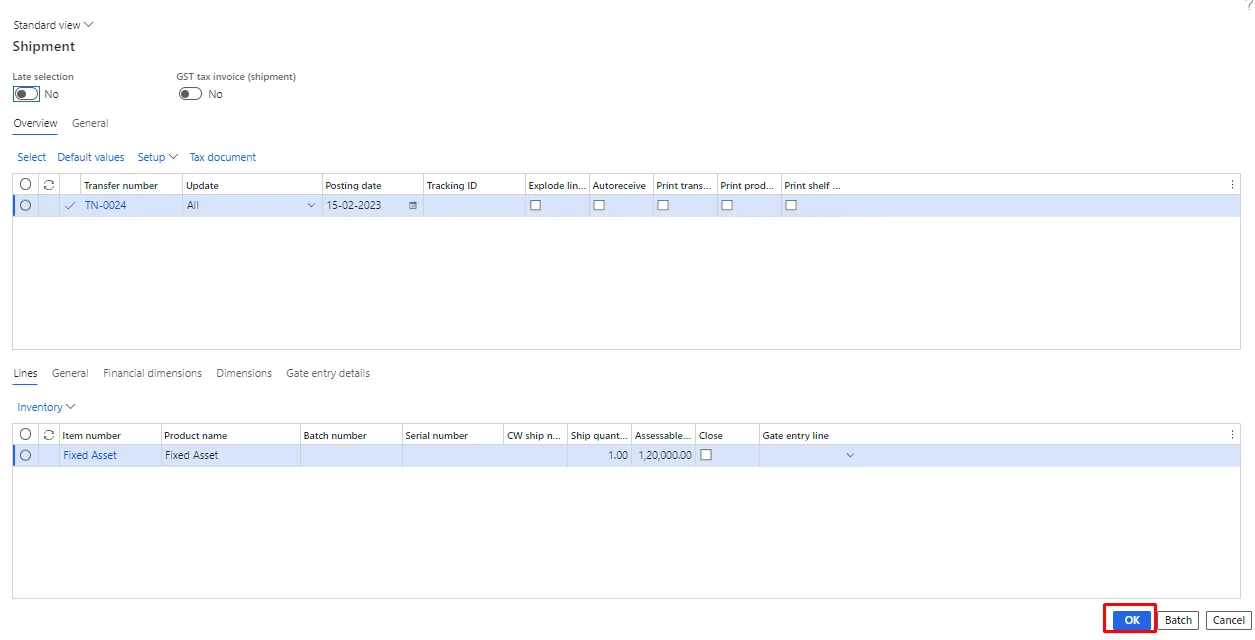 Screenshot — Fixed asset transfer