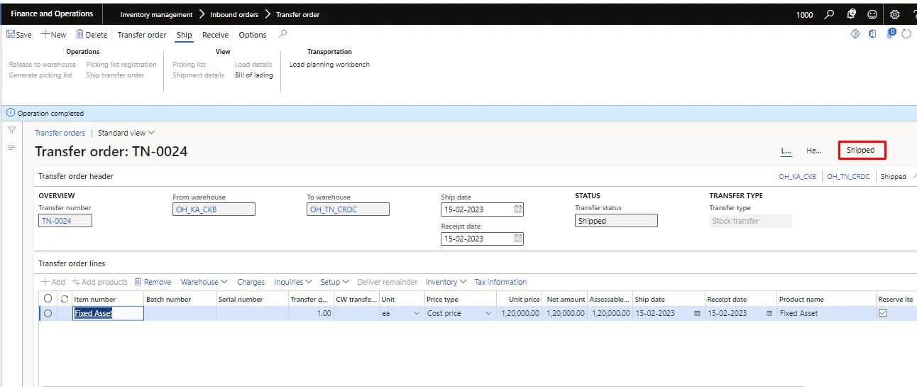 Screenshot — Fixed asset transfer