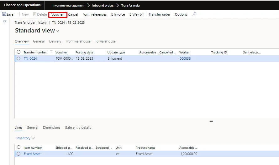 Screenshot — Fixed asset transfer