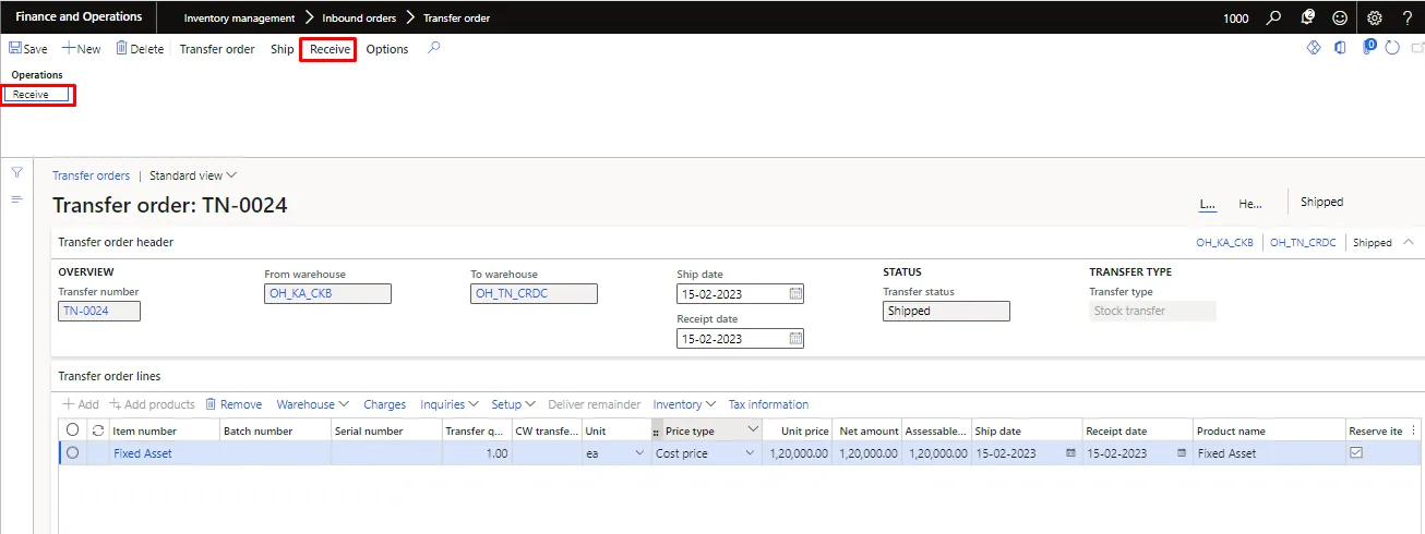 Screenshot — Fixed asset transfer