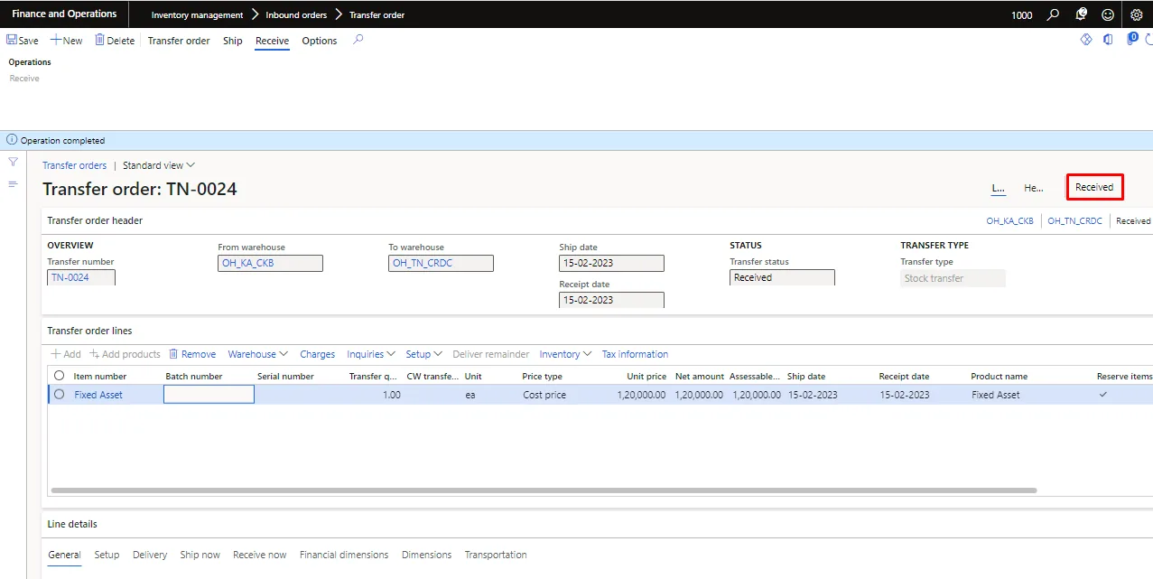 Screenshot — Fixed asset transfer