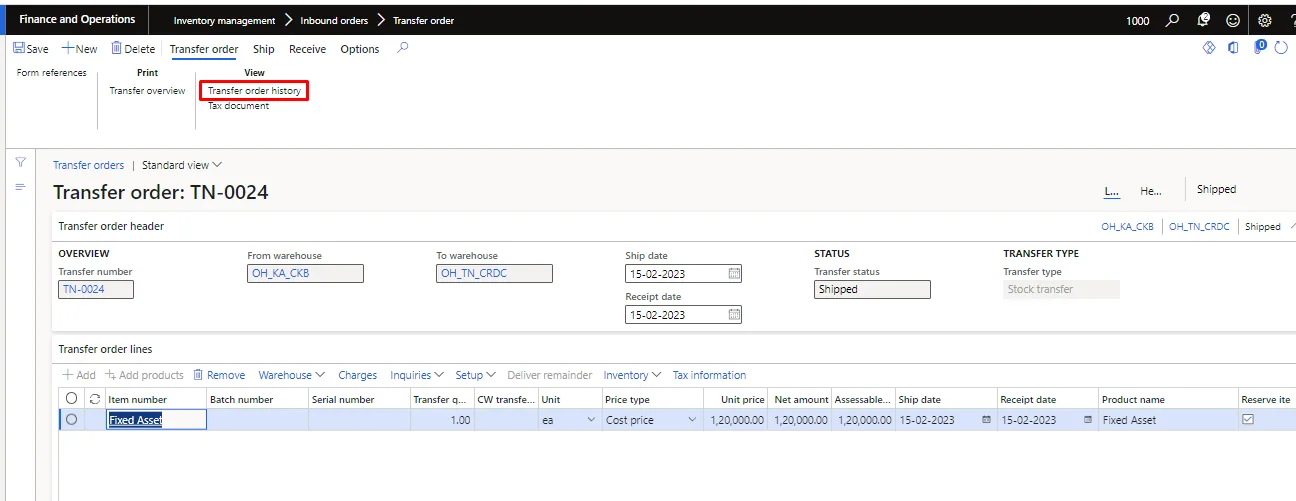 Screenshot — Fixed asset transfer