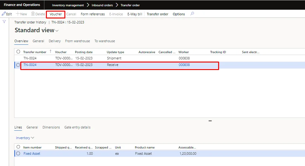 Screenshot — Fixed asset transfer