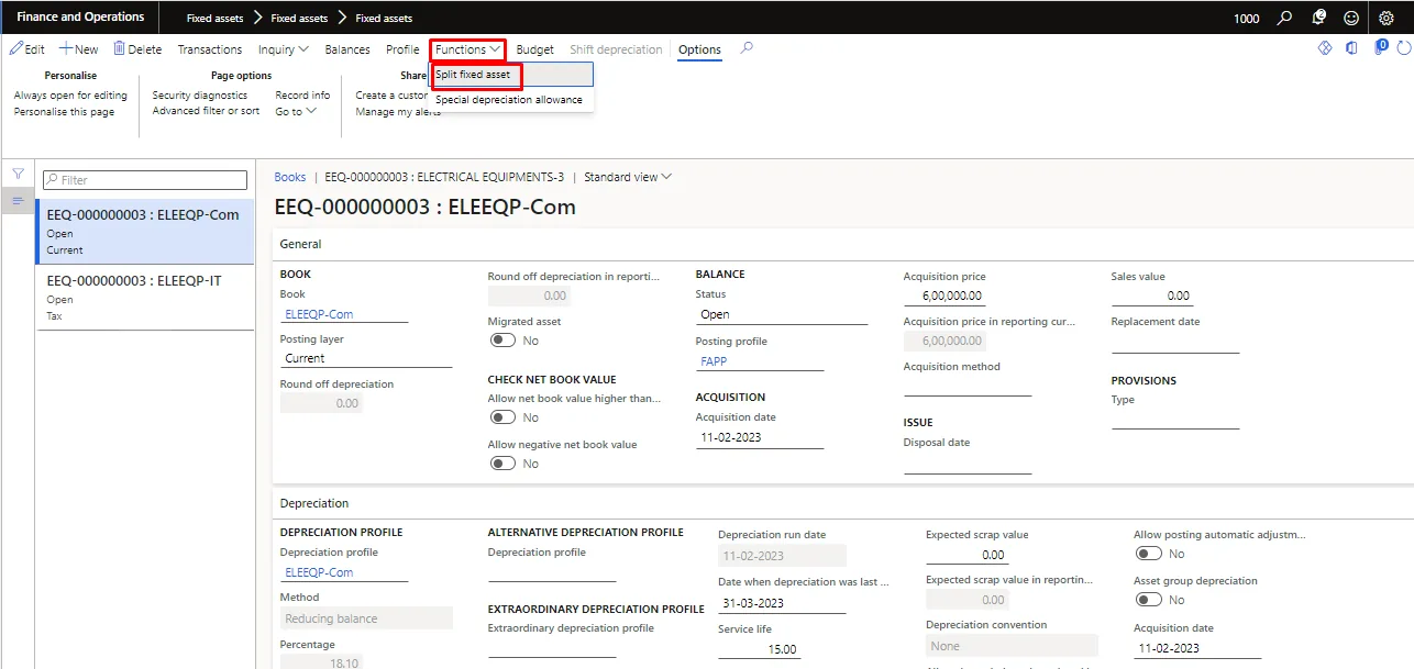 Screenshot — Split a Fixed asset.