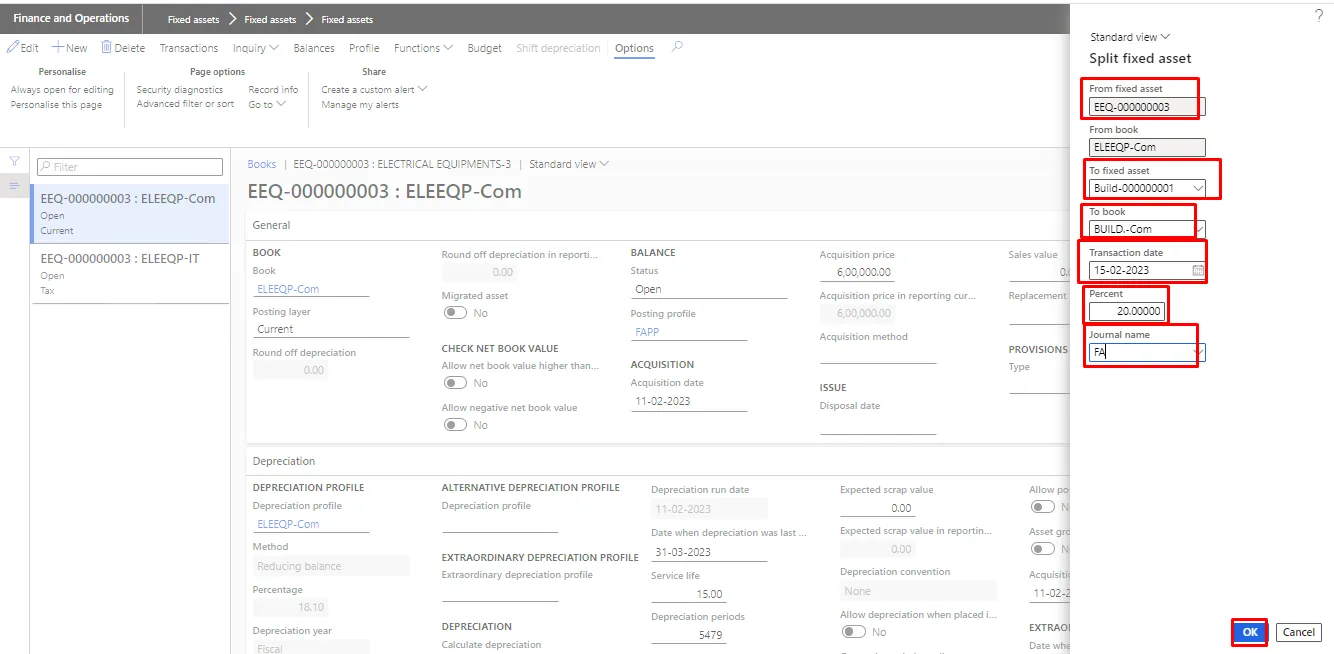 Screenshot — Split a Fixed asset.