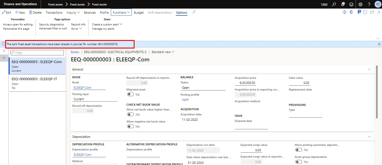 Screenshot — Split a Fixed asset.