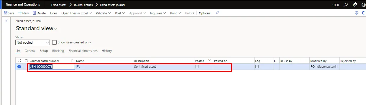Screenshot — Split a Fixed asset.