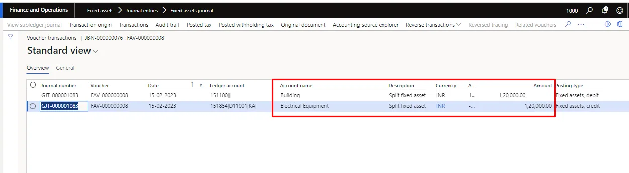 Screenshot — Split a Fixed asset.