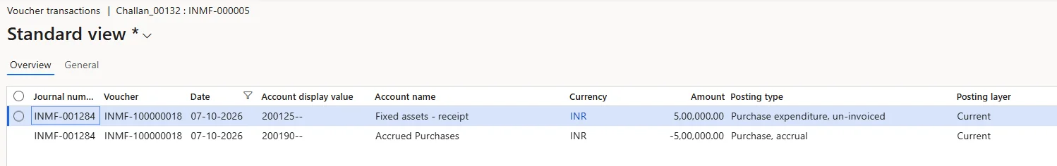 Screenshot — Acquisition of Fixed Assets